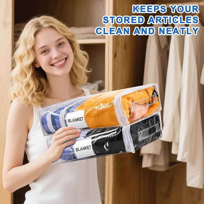 Kenning 20 Pcs Clear Zippered Storage Bags for Sheet Plastic Sweater Bag with Handle and Label Pocket Vinyl Stackable Closet Organizer Moving Bag for Bed Blanket Clothes Pillow(White,11 x 15 x 4 Inch) - Image 5
