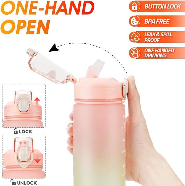YC Kitchen Motivational Water Bottle with Time Marker- 32oz Water Bottles with Times to Drink, Leakproof & BPA Free Sports Water Bottle with Straw & Carry Strap for Fitness, Gym, and Outdoor Sports - Image 4
