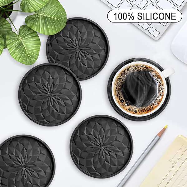 ME.FAN Silicone Coasters with Holder,[6 Pack] Drinking Coasters - Cup Mat for Hot or Cold Drinks, Thickened, Non-Slip, Non-Stick,Deep Tray Black - Image 2