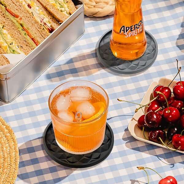 ME.FAN Silicone Coasters with Holder,[6 Pack] Drinking Coasters - Cup Mat for Hot or Cold Drinks, Thickened, Non-Slip, Non-Stick,Deep Tray Black - Image 5