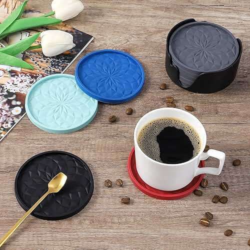 ME.FAN Silicone Coasters with Holder,[6 Pack] Drinking Coasters - Cup Mat for Hot or Cold Drinks, Thickened, Non-Slip, Non-Stick,Deep Tray Black - Image 6