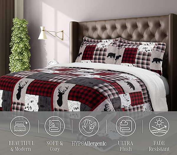 Elegant Comfort 3-Piece Winter Lodge-Patch Sherpa Comforter Soft, Cozy and Durable Quality, Heavy Weight Reversible Down Alternative Micro-Suede, Patch Sherpa Comforter, Queen - Image 2