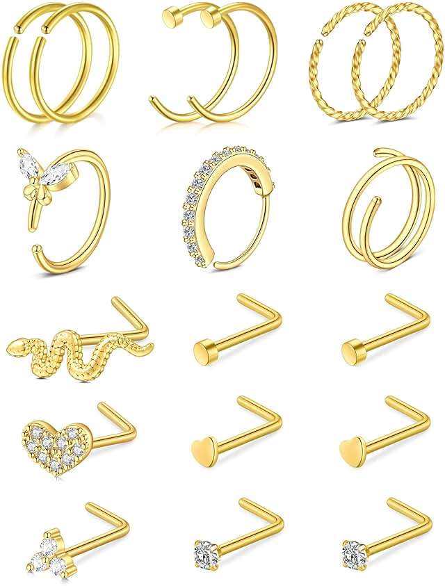 JFORYOU 18G/20G Nose Rings Set for Women Men Gold/Silver Nose Rings Hoops Stainless Steel Hinged Clicker Segment Nose Rings L Shaped Nose Studs Clear CZ Opal Nostrial Piercing Jewelry - Image 1