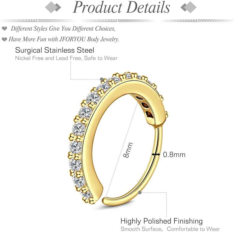 JFORYOU 18G/20G Nose Rings Set for Women Men Gold/Silver Nose Rings Hoops Stainless Steel Hinged Clicker Segment Nose Rings L Shaped Nose Studs Clear CZ Opal Nostrial Piercing Jewelry - Image 2