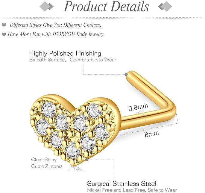 JFORYOU 18G/20G Nose Rings Set for Women Men Gold/Silver Nose Rings Hoops Stainless Steel Hinged Clicker Segment Nose Rings L Shaped Nose Studs Clear CZ Opal Nostrial Piercing Jewelry - Image 3