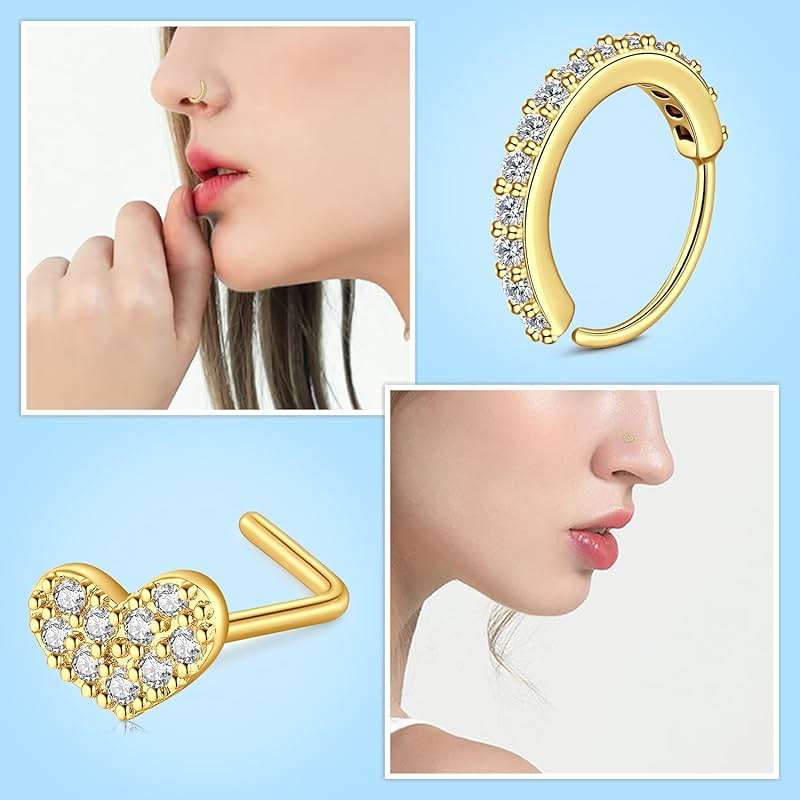 JFORYOU 18G/20G Nose Rings Set for Women Men Gold/Silver Nose Rings Hoops Stainless Steel Hinged Clicker Segment Nose Rings L Shaped Nose Studs Clear CZ Opal Nostrial Piercing Jewelry - Image 4