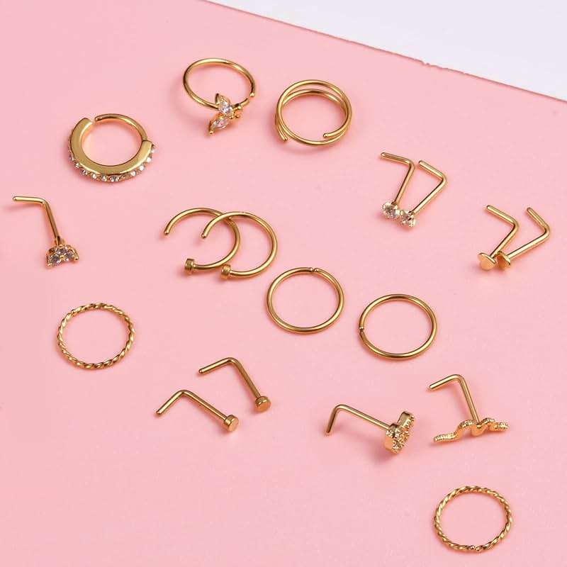 JFORYOU 18G/20G Nose Rings Set for Women Men Gold/Silver Nose Rings Hoops Stainless Steel Hinged Clicker Segment Nose Rings L Shaped Nose Studs Clear CZ Opal Nostrial Piercing Jewelry - Image 5