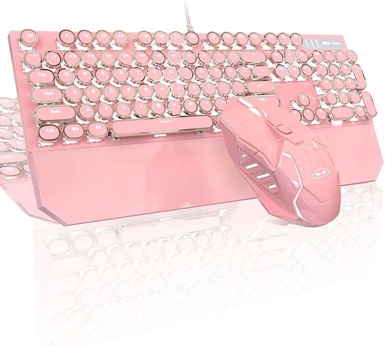 Typewriter Mechanical Gaming Keyboard and Mouse Combo, Retro Punk Round Keycaps RGB Rainbow Backlit Wired Keyboard for Game and Office, for Windows Laptop PC, Red Switches(Pink) - Image 1