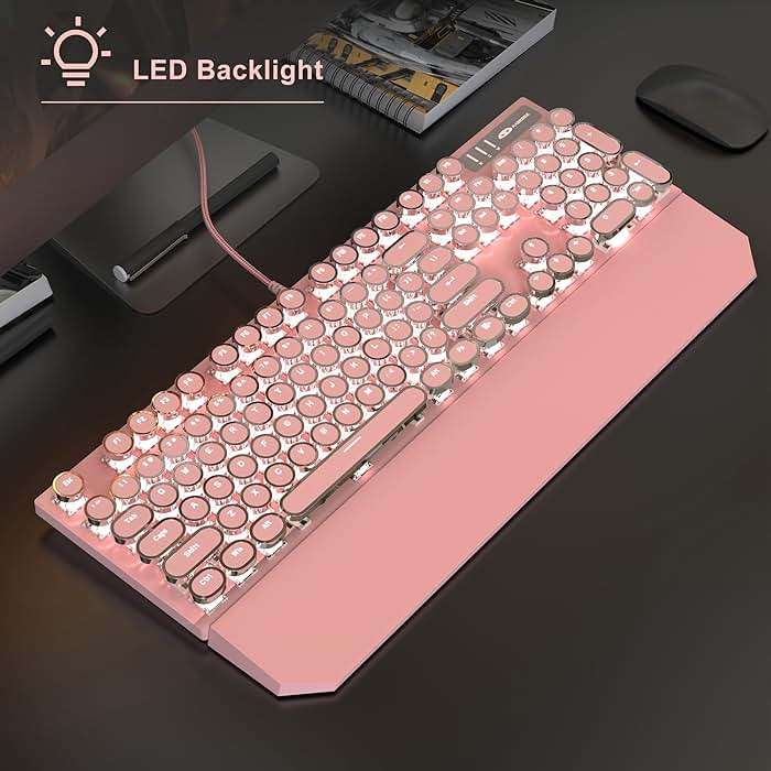 Typewriter Mechanical Gaming Keyboard and Mouse Combo, Retro Punk Round Keycaps RGB Rainbow Backlit Wired Keyboard for Game and Office, for Windows Laptop PC, Red Switches(Pink) - Image 2