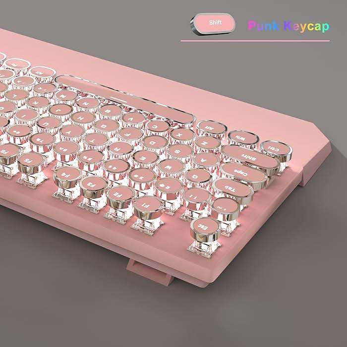 Typewriter Mechanical Gaming Keyboard and Mouse Combo, Retro Punk Round Keycaps RGB Rainbow Backlit Wired Keyboard for Game and Office, for Windows Laptop PC, Red Switches(Pink) - Image 3