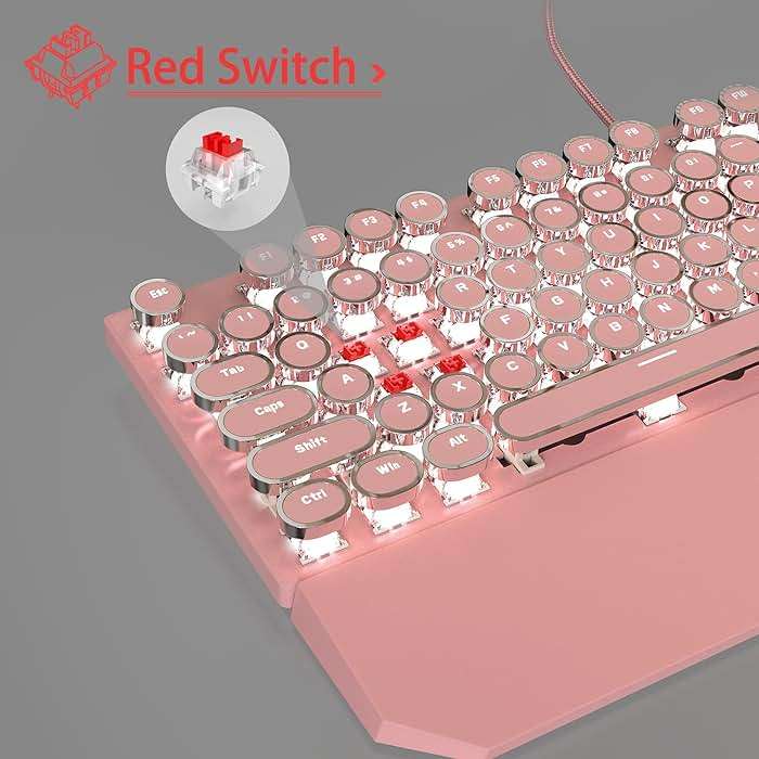 Typewriter Mechanical Gaming Keyboard and Mouse Combo, Retro Punk Round Keycaps RGB Rainbow Backlit Wired Keyboard for Game and Office, for Windows Laptop PC, Red Switches(Pink) - Image 4