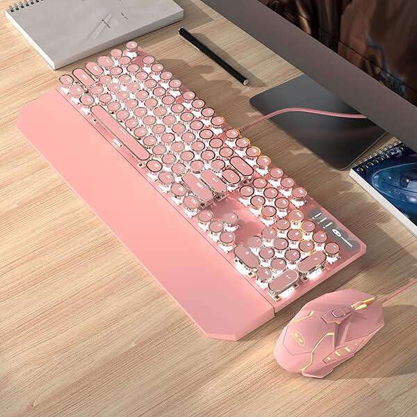 Typewriter Mechanical Gaming Keyboard and Mouse Combo, Retro Punk Round Keycaps RGB Rainbow Backlit Wired Keyboard for Game and Office, for Windows Laptop PC, Red Switches(Pink) - Image 6