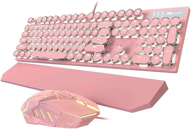 Typewriter Mechanical Gaming Keyboard and Mouse Combo, Retro Punk Round Keycaps RGB Rainbow Backlit Wired Keyboard for Game and Office, for Windows Laptop PC, Red Switches(Pink) - Image 7