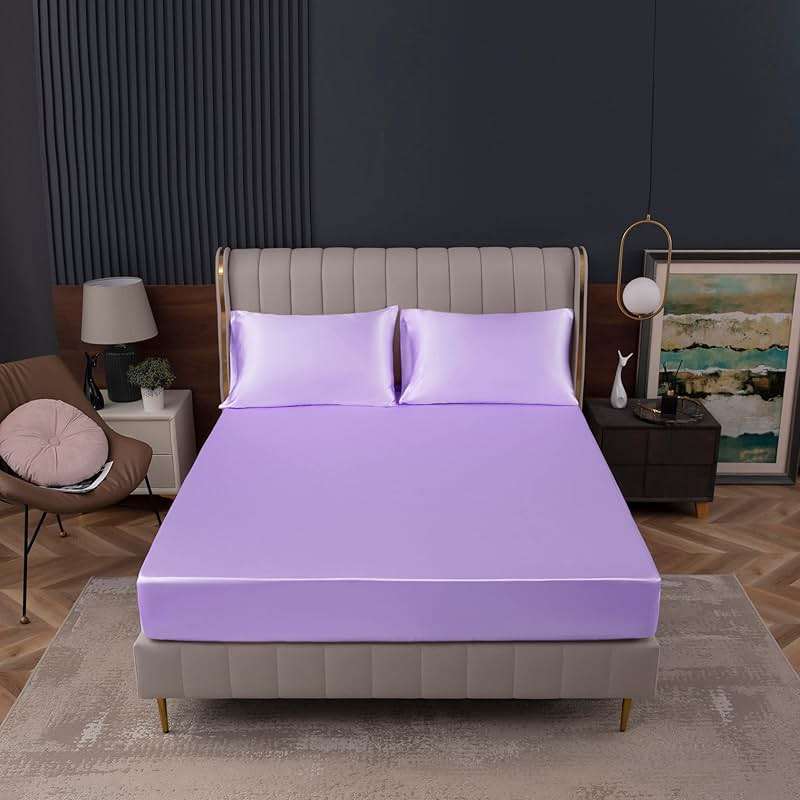 Homiest Lavender Satin Fitted Sheet King Size, Deep Pocket, Luxury & Ultra Soft Bedding - Image 2