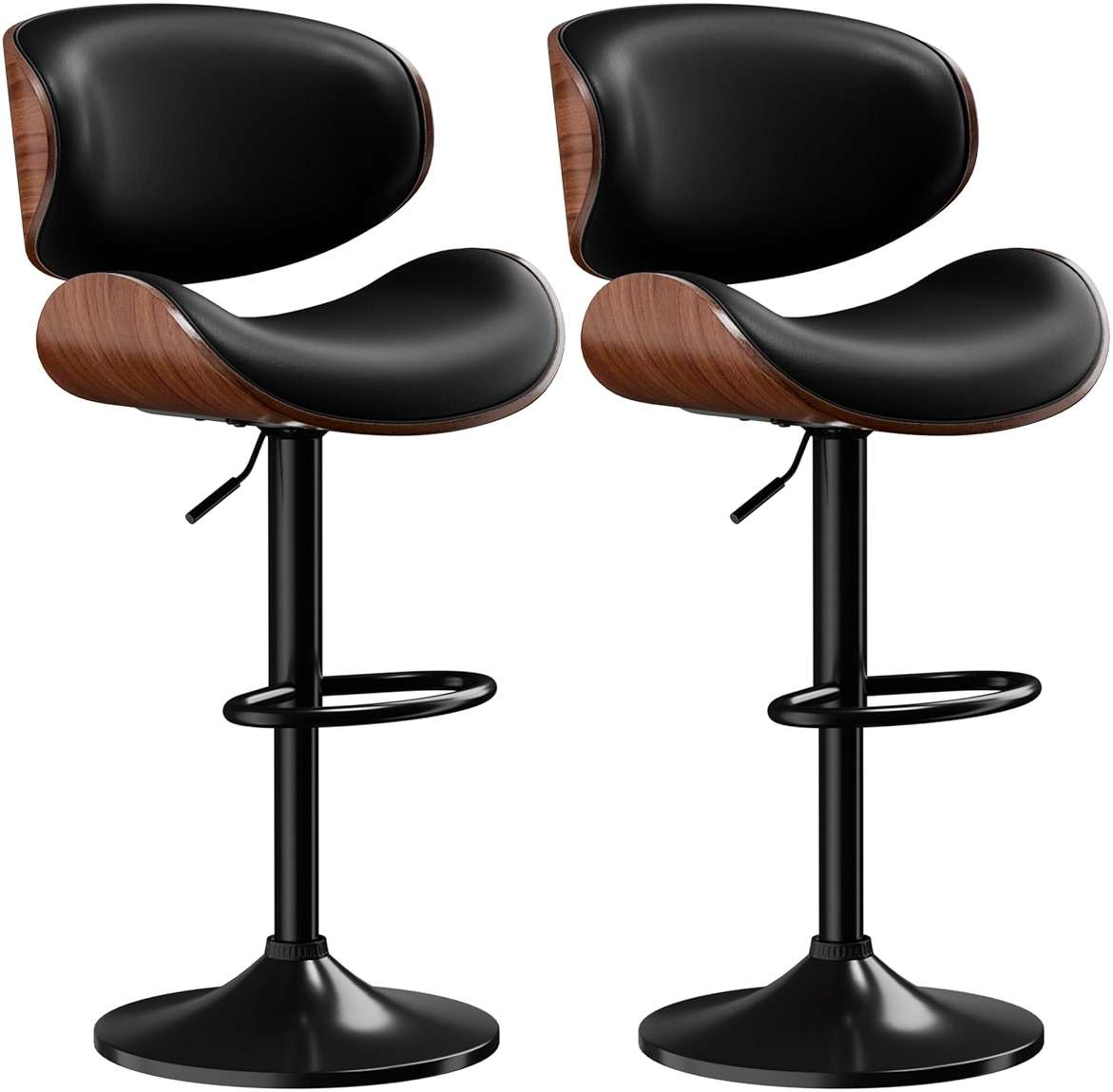 Aowos Bar Stools Set of 2, Adjustable Swivel Leather Bar Stools for Kitchen Island, Mid Century Modern Counter Height Bar Chairs Barstools with Back & Footrest (Black) - Image 1
