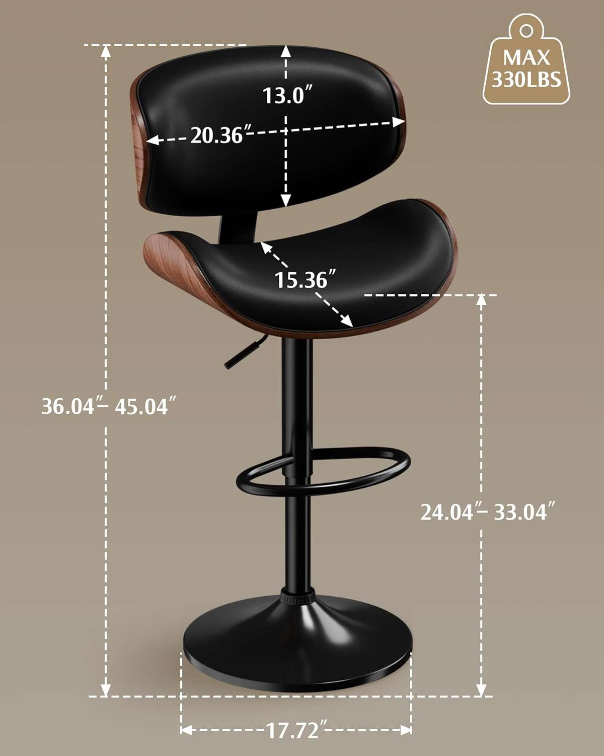 Aowos Bar Stools Set of 2, Adjustable Swivel Leather Bar Stools for Kitchen Island, Mid Century Modern Counter Height Bar Chairs Barstools with Back & Footrest (Black) - Image 3