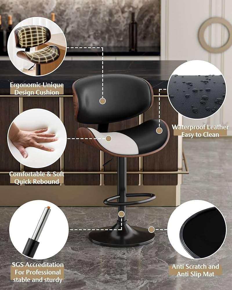 Aowos Bar Stools Set of 2, Adjustable Swivel Leather Bar Stools for Kitchen Island, Mid Century Modern Counter Height Bar Chairs Barstools with Back & Footrest (Black) - Image 5