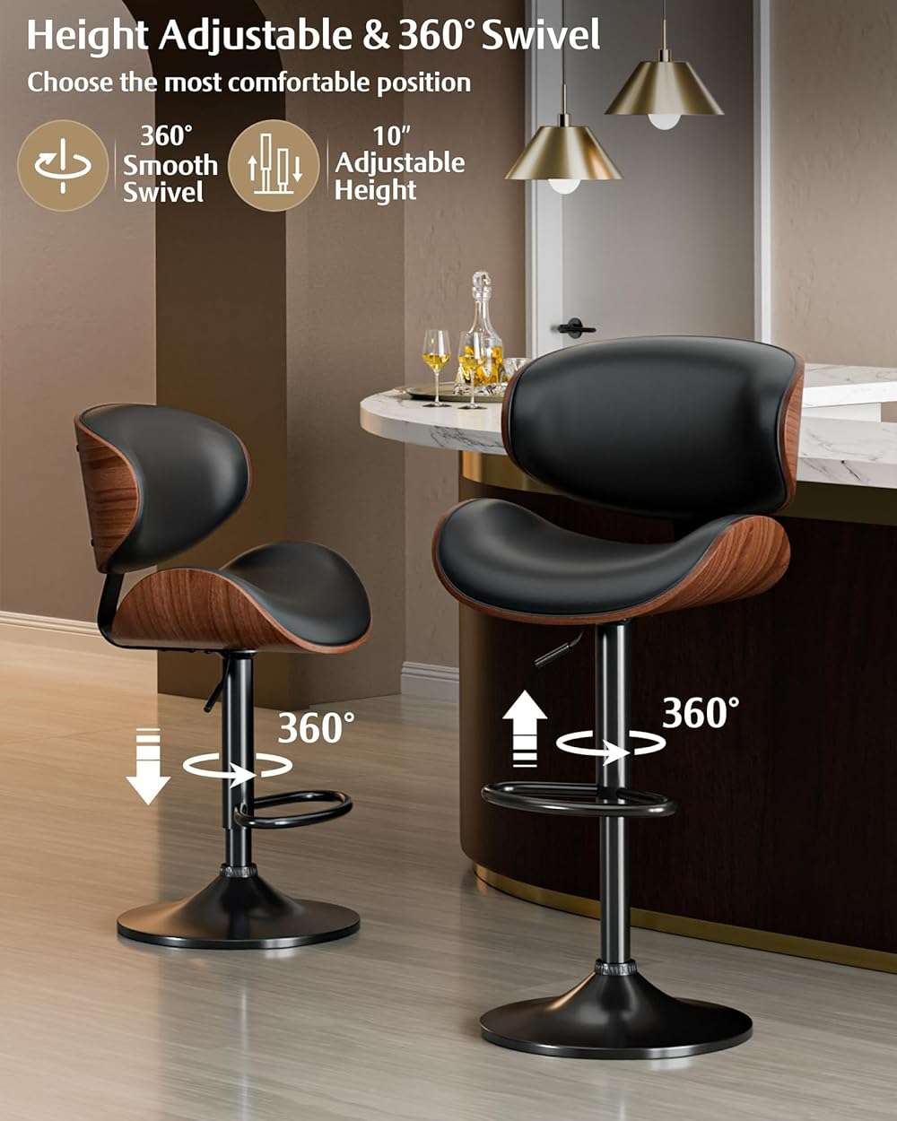 Aowos Bar Stools Set of 2, Adjustable Swivel Leather Bar Stools for Kitchen Island, Mid Century Modern Counter Height Bar Chairs Barstools with Back & Footrest (Black) - Image 6