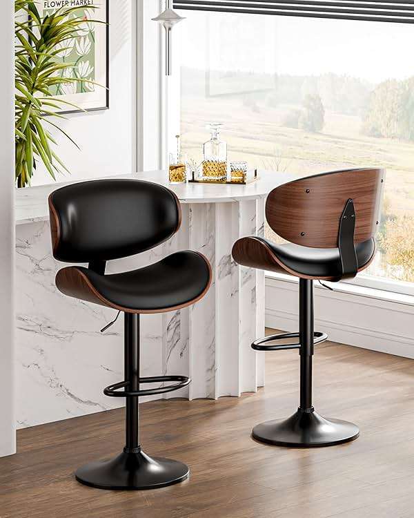 Aowos Bar Stools Set of 2, Adjustable Swivel Leather Bar Stools for Kitchen Island, Mid Century Modern Counter Height Bar Chairs Barstools with Back & Footrest (Black) - Image 7