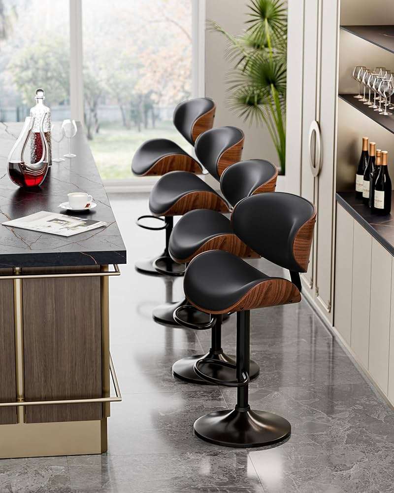 Aowos Bar Stools Set of 2, Adjustable Swivel Leather Bar Stools for Kitchen Island, Mid Century Modern Counter Height Bar Chairs Barstools with Back & Footrest (Black) - Image 9