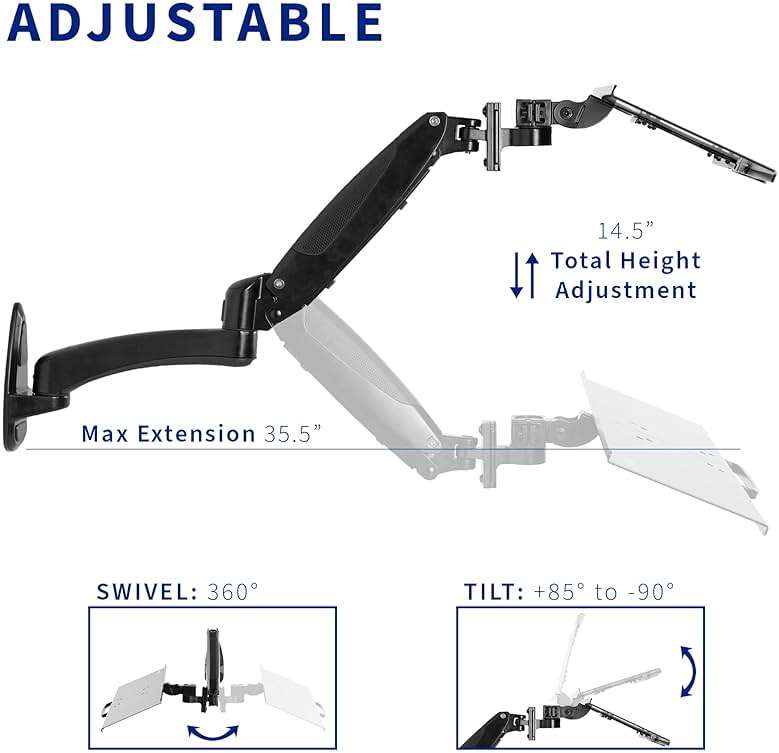 VIVO Sit-Stand 24 Inch Pneumatic Spring Keyboard and Mouse Tray Wall Mount, Counterbalance Height Adjustable Typing Platform, Ergonomic Tilt, Neutral Writing Position, Black, MOUNT-KB35A - Image 5