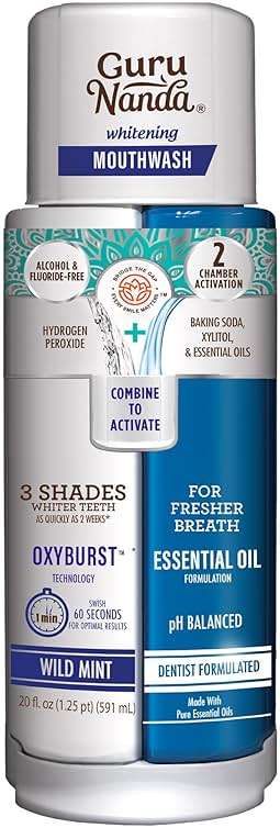 GuruNanda Teeth Whitening Dual Barrel Oxyburst Mouthwash - Alcohol & Fluoride Free, Hydrogen Peroxide to Promote Whiter Teeth - Wild Mint - 20 Fl Oz - Image 1