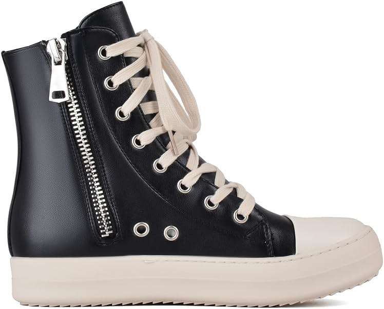 Kluolandi Women's High Top Sneakers Lace Up Canvas Shoes with Zipper Comfort Platform Walking Shoes in Black and White - Image 2