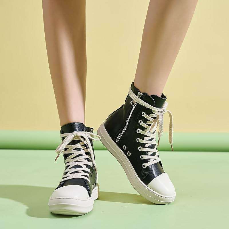 Kluolandi Women's High Top Sneakers Lace Up Canvas Shoes with Zipper Comfort Platform Walking Shoes in Black and White - Image 3