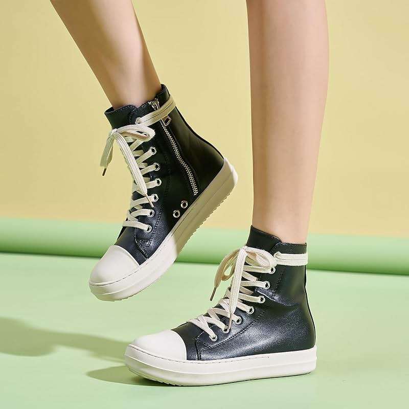 Kluolandi Women's High Top Sneakers Lace Up Canvas Shoes with Zipper Comfort Platform Walking Shoes in Black and White - Image 4