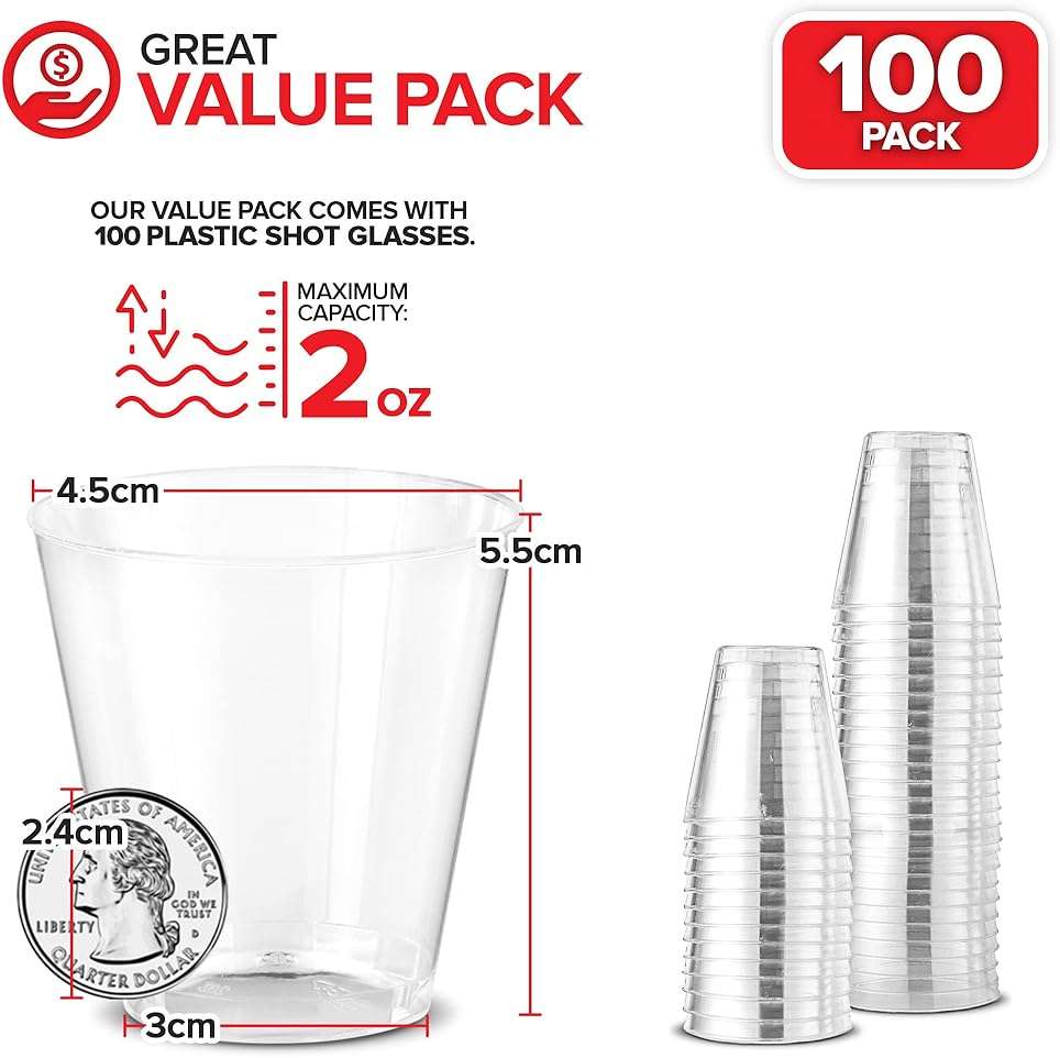 Stock Your Home 2 oz Shot Glasses - 100 Mini Plastic Shot Glasses (2oz) Clear Disposable Cups for Jello Shots, Wine Tasting, Liquor, Whiskey, Pudding, Sample Cup for Halloween and Elegant Parties - Image 3
