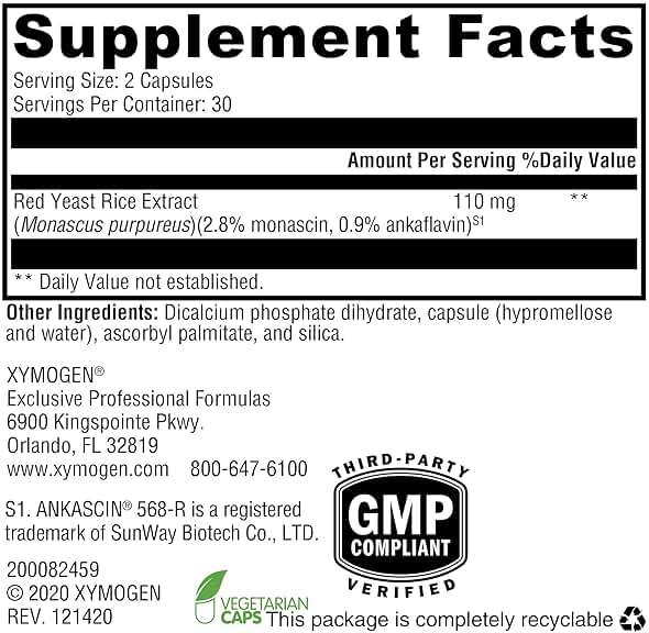 XYMOGEN Yeast Rice - Heart Health & Cardiovascular Support - Maintain Healthy Blood Lipid & Cholesterol Levels - Monacolin K & Citrinin-Free - Vegetarian, Non-GMO & Gluten-Free - 60 Capsules - Image 7