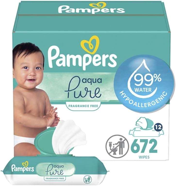 Pampers Aqua Pure Baby Wipes, 99% Water, Fragrance Free, Unscented, Water Based, Multi-Use, 672 Wipes Total (12X Flip-Top Packs) [Packaging May Vary] - Image 1