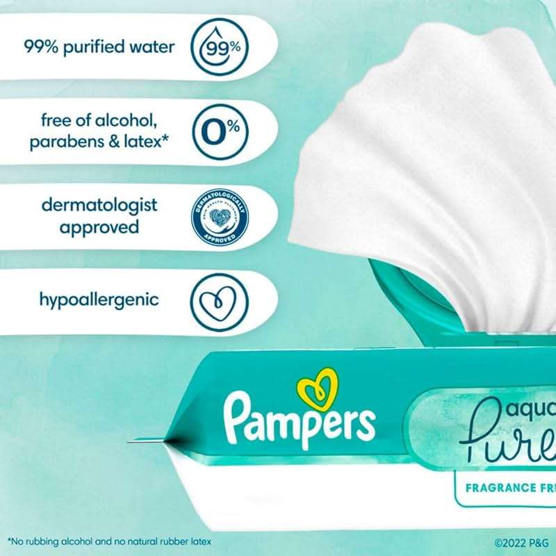 Pampers Aqua Pure Baby Wipes, 99% Water, Fragrance Free, Unscented, Water Based, Multi-Use, 672 Wipes Total (12X Flip-Top Packs) [Packaging May Vary] - Image 3