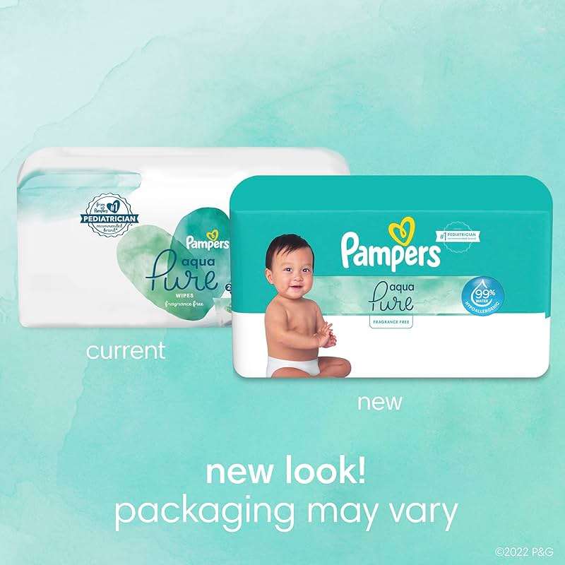 Pampers Aqua Pure Baby Wipes, 99% Water, Fragrance Free, Unscented, Water Based, Multi-Use, 672 Wipes Total (12X Flip-Top Packs) [Packaging May Vary] - Image 10