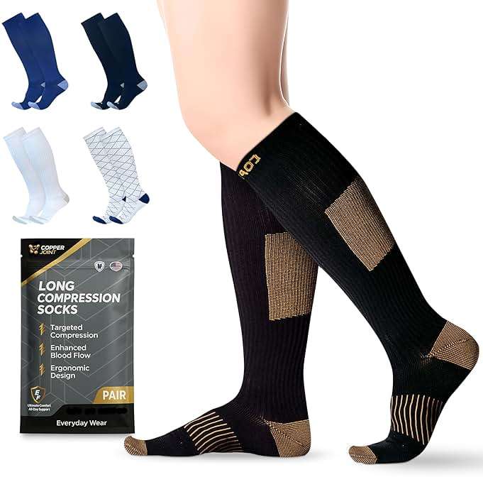 CopperJoint Knee High Compression Socks for Women and Men, Graduated Long Compression Socks for All-Day Standing, Sports & Travel, 15-20 mmHg Leg Support for Daily Wear - 1 Pair, Black & Tan, 2XLarge - Image 1