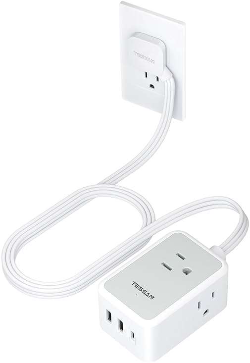 TESSAN Small Flat Plug Power Strip, 5 ft Extension Cord | Ultra Thin, 3 AC Outlets, 3 USB Ports (1 USB C), Multiple Wall Outlet Extender, For Cruise Travel Office School Dorm - Image 1