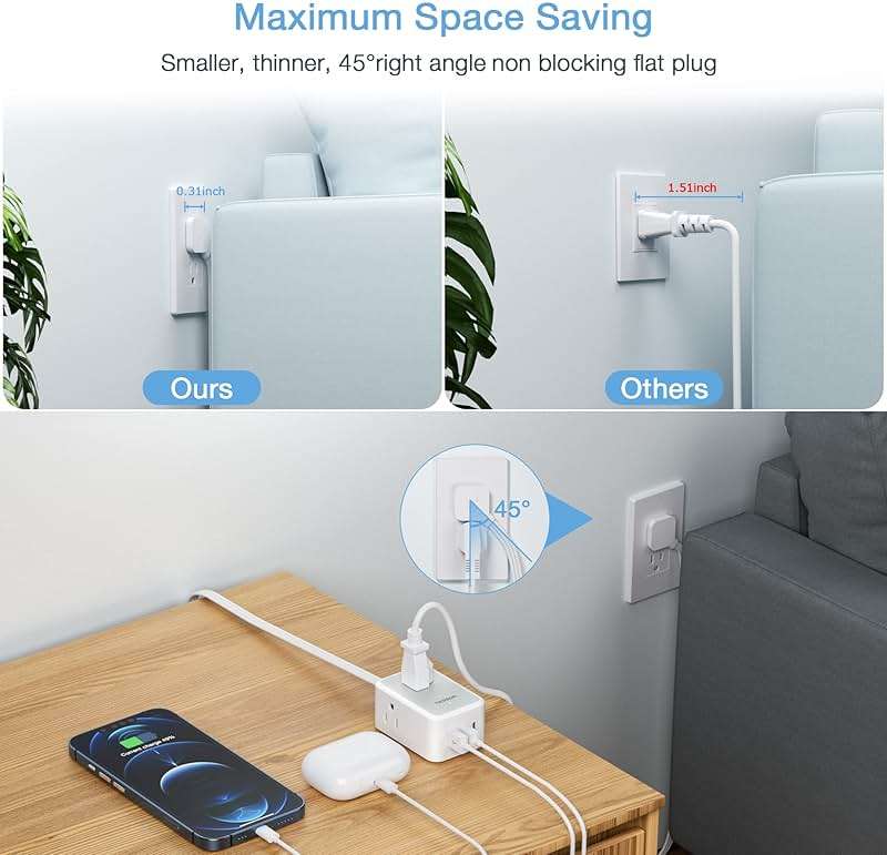 TESSAN Small Flat Plug Power Strip, 5 ft Extension Cord | Ultra Thin, 3 AC Outlets, 3 USB Ports (1 USB C), Multiple Wall Outlet Extender, For Cruise Travel Office School Dorm - Image 2