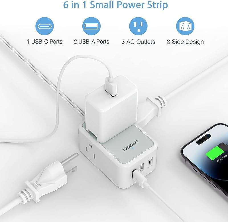 TESSAN Small Flat Plug Power Strip, 5 ft Extension Cord | Ultra Thin, 3 AC Outlets, 3 USB Ports (1 USB C), Multiple Wall Outlet Extender, For Cruise Travel Office School Dorm - Image 3