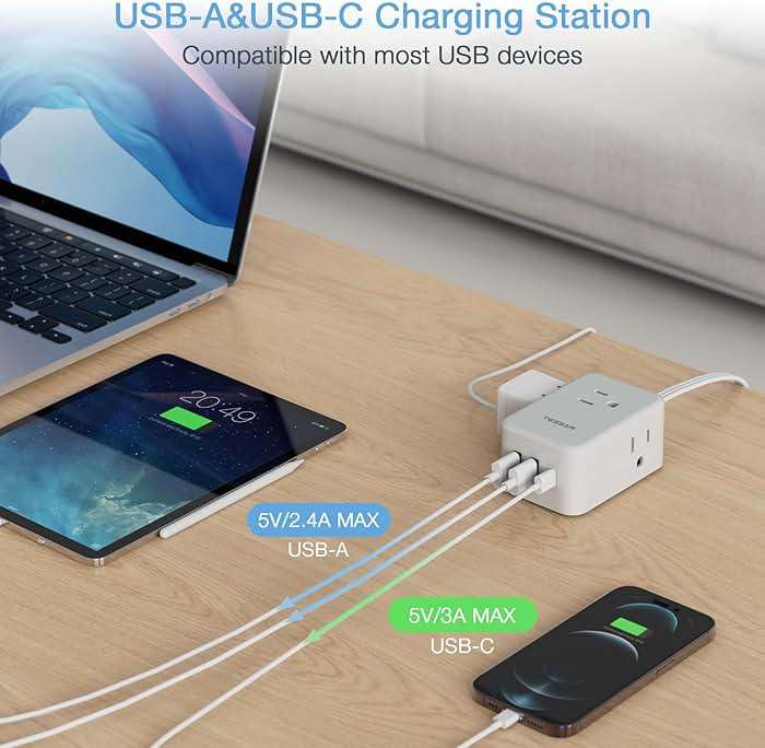 TESSAN Small Flat Plug Power Strip, 5 ft Extension Cord | Ultra Thin, 3 AC Outlets, 3 USB Ports (1 USB C), Multiple Wall Outlet Extender, For Cruise Travel Office School Dorm - Image 4