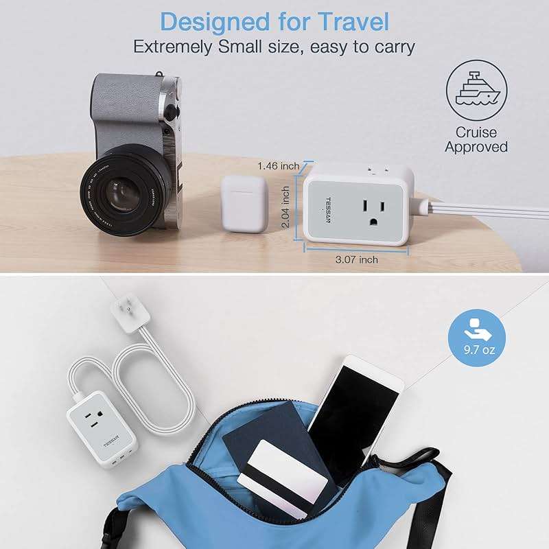 TESSAN Small Flat Plug Power Strip, 5 ft Extension Cord | Ultra Thin, 3 AC Outlets, 3 USB Ports (1 USB C), Multiple Wall Outlet Extender, For Cruise Travel Office School Dorm - Image 5