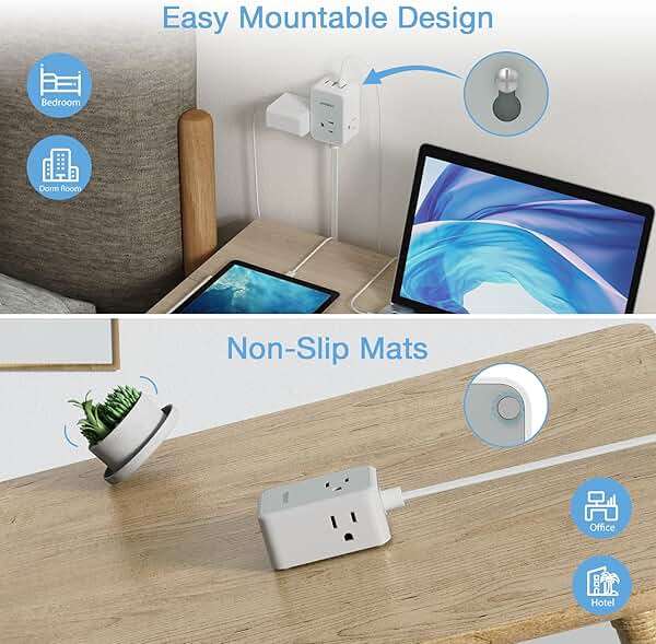 TESSAN Small Flat Plug Power Strip, 5 ft Extension Cord | Ultra Thin, 3 AC Outlets, 3 USB Ports (1 USB C), Multiple Wall Outlet Extender, For Cruise Travel Office School Dorm - Image 6