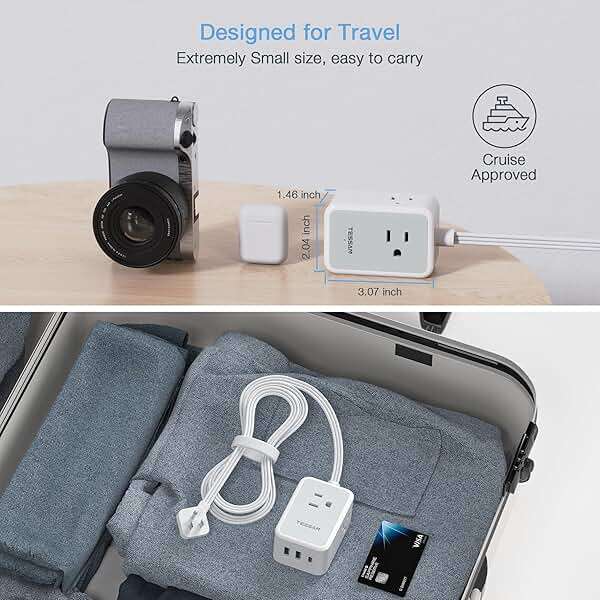 TESSAN Small Flat Plug Power Strip, 5 ft Extension Cord | Ultra Thin, 3 AC Outlets, 3 USB Ports (1 USB C), Multiple Wall Outlet Extender, For Cruise Travel Office School Dorm - Image 7
