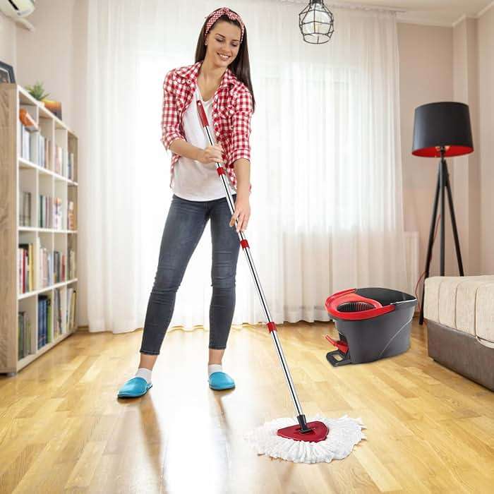 ANREKEYH Spin Mop Head, Base, Handle Replacement for O-Ceda EasyWring Microfiber Spin Mops, 2 Microfiber Mop Refills, 1 Triangle Head Cover and 30-58in Handle Set Combo (White(1 Tank System)) - Image 2