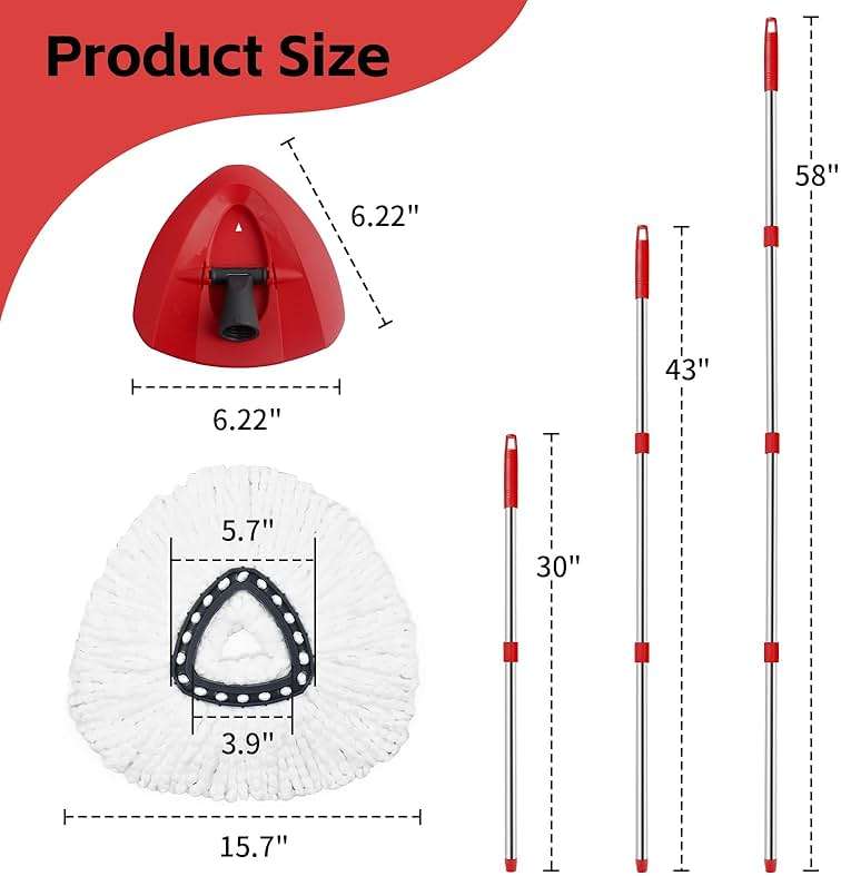 ANREKEYH Spin Mop Head, Base, Handle Replacement for O-Ceda EasyWring Microfiber Spin Mops, 2 Microfiber Mop Refills, 1 Triangle Head Cover and 30-58in Handle Set Combo (White(1 Tank System)) - Image 3