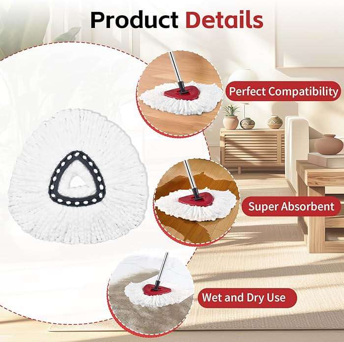 ANREKEYH Spin Mop Head, Base, Handle Replacement for O-Ceda EasyWring Microfiber Spin Mops, 2 Microfiber Mop Refills, 1 Triangle Head Cover and 30-58in Handle Set Combo (White(1 Tank System)) - Image 6