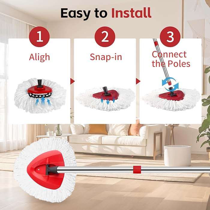 ANREKEYH Spin Mop Head, Base, Handle Replacement for O-Ceda EasyWring Microfiber Spin Mops, 2 Microfiber Mop Refills, 1 Triangle Head Cover and 30-58in Handle Set Combo (White(1 Tank System)) - Image 7