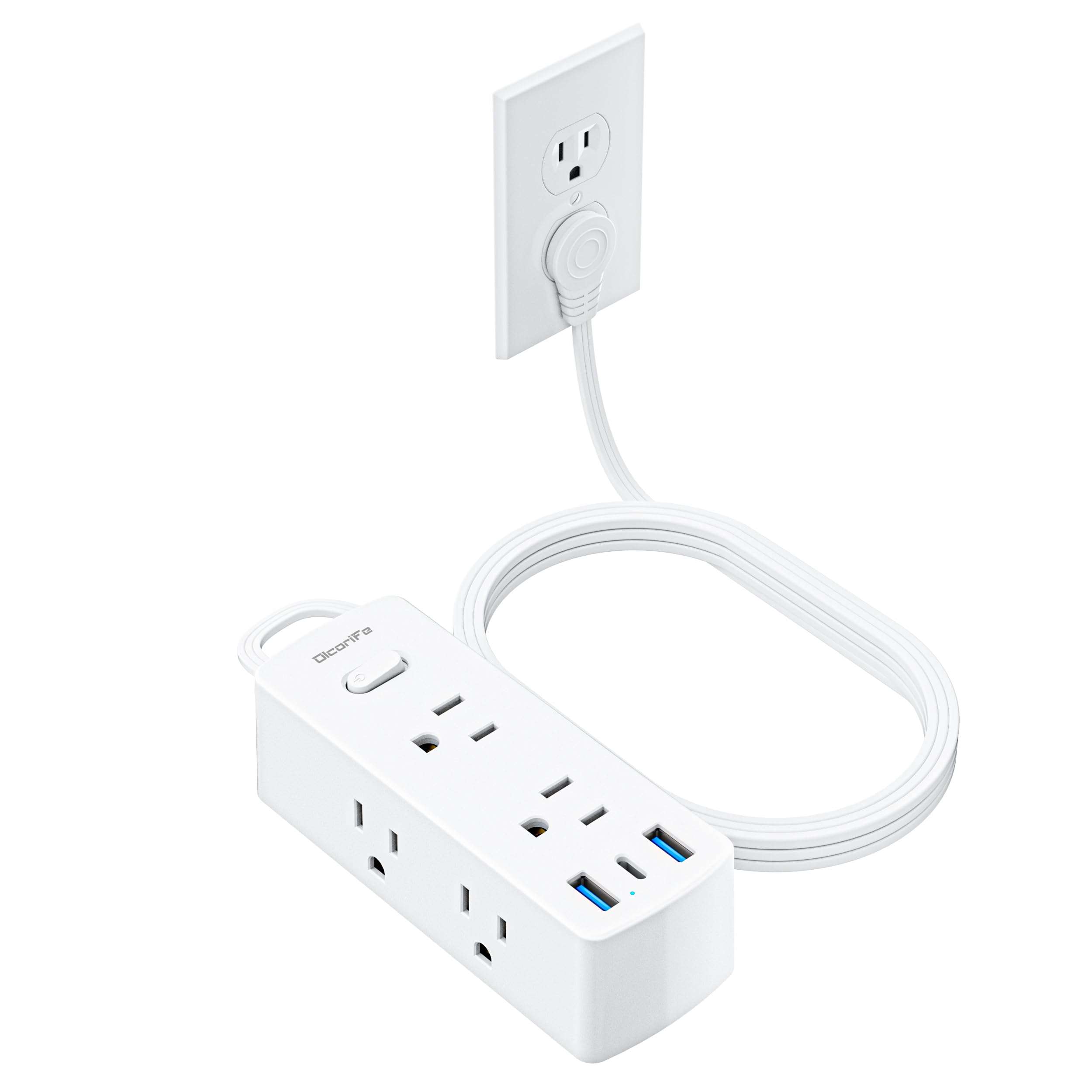 Olcorife Flat Plug Power Strip with 5 FT Extension Cord, 6 Outlets 3 USB Ports(1 USB C), 3 Sided Outlet Extender for Home Office Travel Dorm Room Essentials, White - Image 1