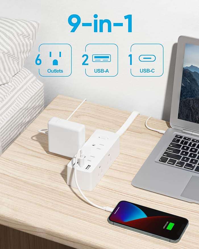 Olcorife Flat Plug Power Strip with 5 FT Extension Cord, 6 Outlets 3 USB Ports(1 USB C), 3 Sided Outlet Extender for Home Office Travel Dorm Room Essentials, White - Image 3