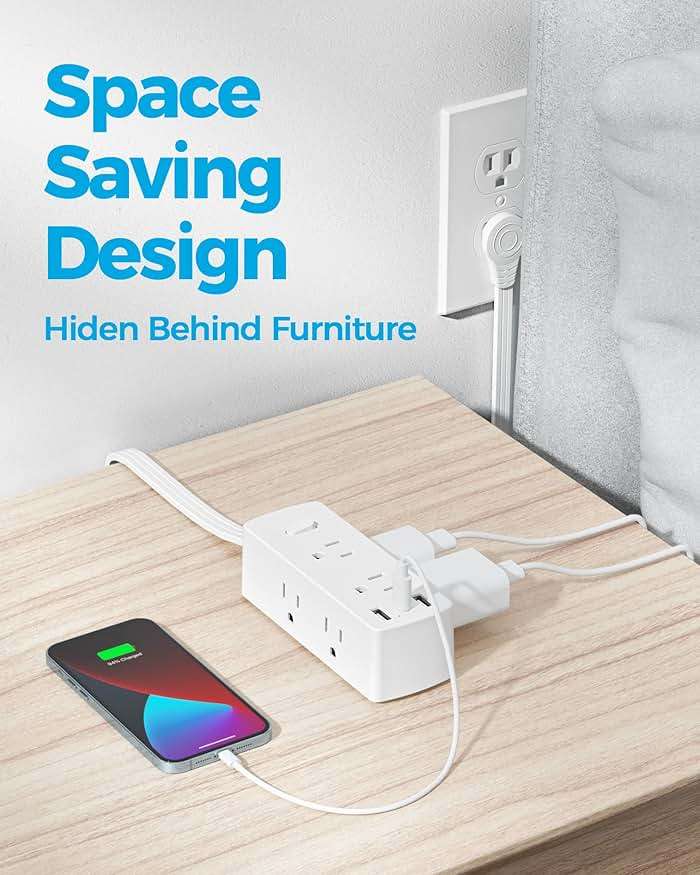 Olcorife Flat Plug Power Strip with 5 FT Extension Cord, 6 Outlets 3 USB Ports(1 USB C), 3 Sided Outlet Extender for Home Office Travel Dorm Room Essentials, White - Image 4