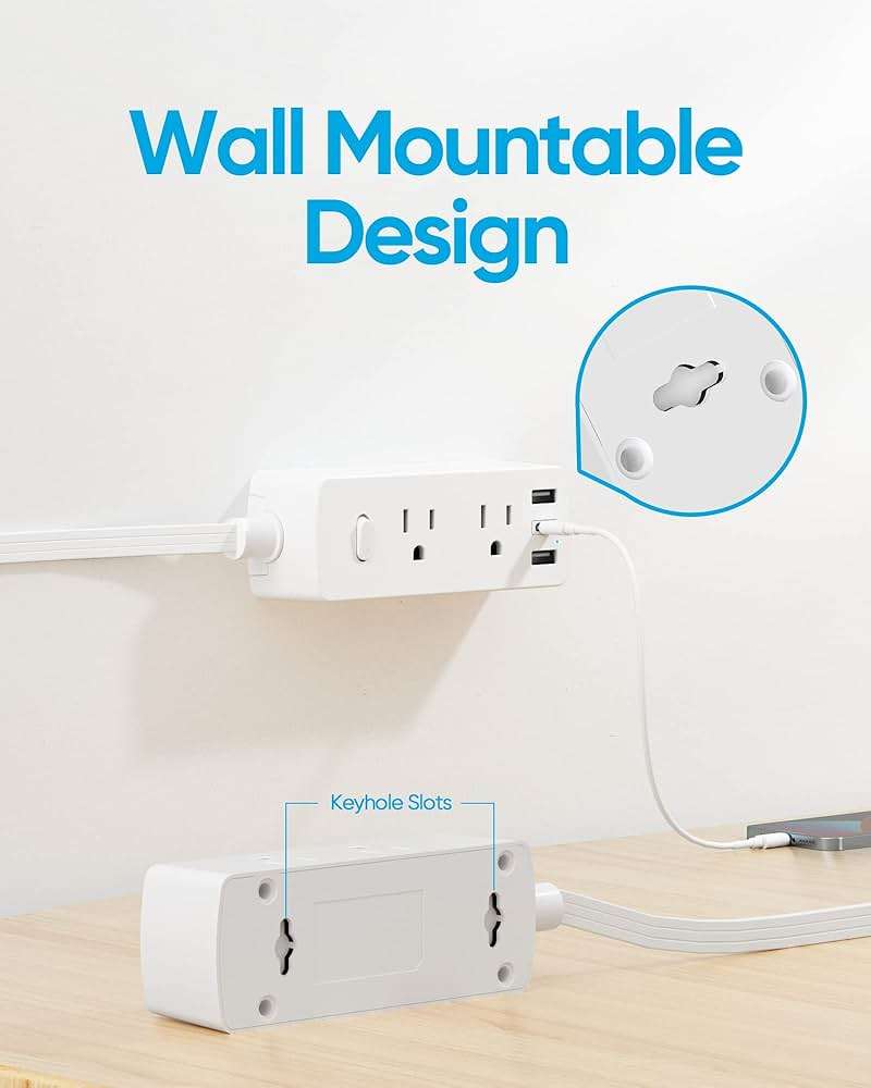 Olcorife Flat Plug Power Strip with 5 FT Extension Cord, 6 Outlets 3 USB Ports(1 USB C), 3 Sided Outlet Extender for Home Office Travel Dorm Room Essentials, White - Image 5